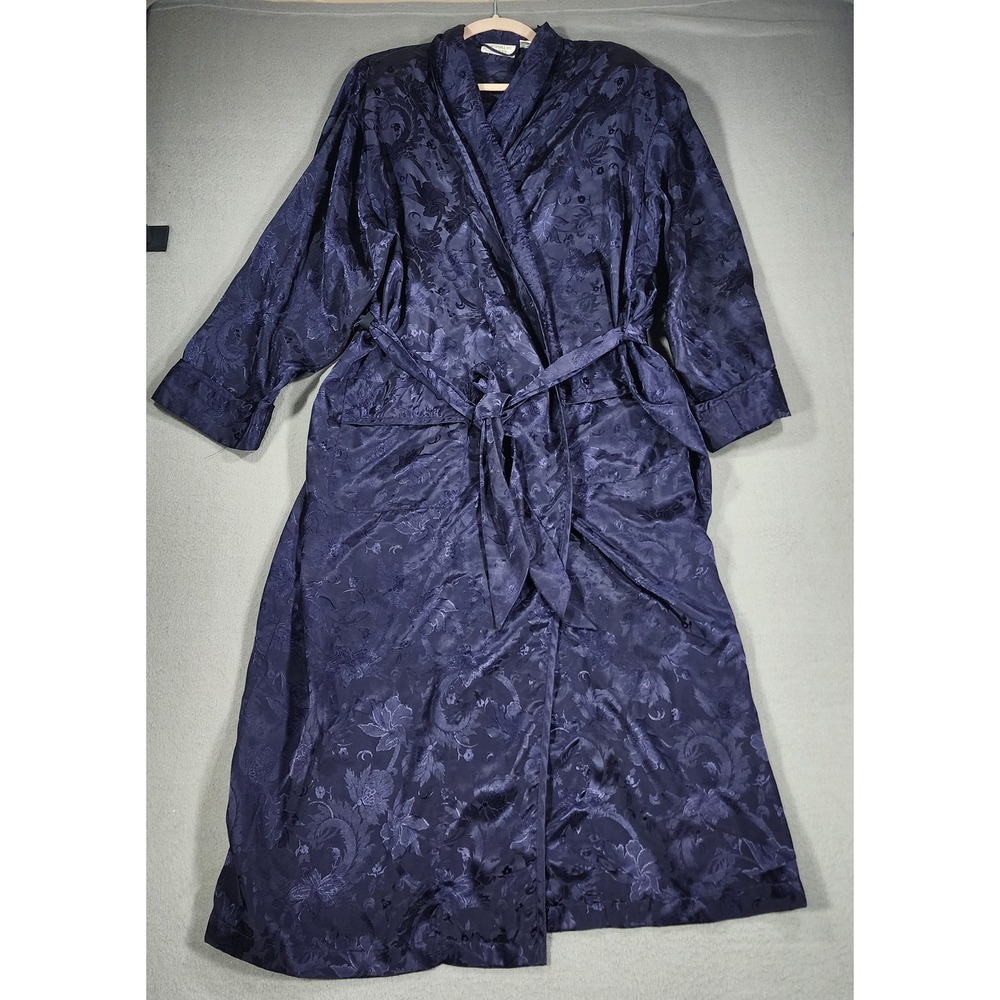 Vintage Victoria's Secret Gold Label Satin Long Robe M/L Navy Blue Jacquard 90's